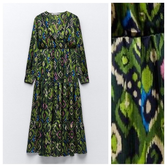 NWT. Zara Multicolored Printed Lace Inserts V-neck Midi Dress. Size S. - Picture 5 of 11